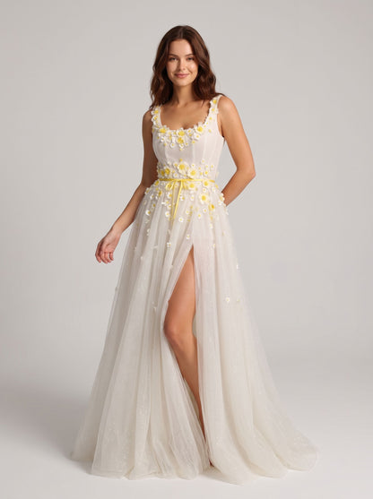 Ivory Glitter Tulle A-Line Scoop Neck Zipper Back Floor-Length Dress - Aabei Dress
