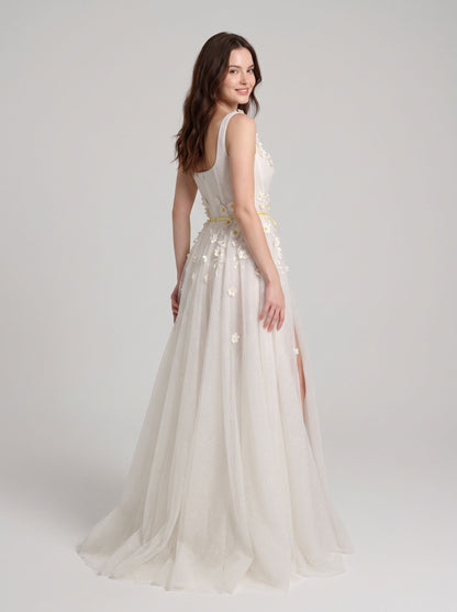 Ivory Glitter Tulle A-Line Scoop Neck Zipper Back Floor-Length Dress - Aabei Dress