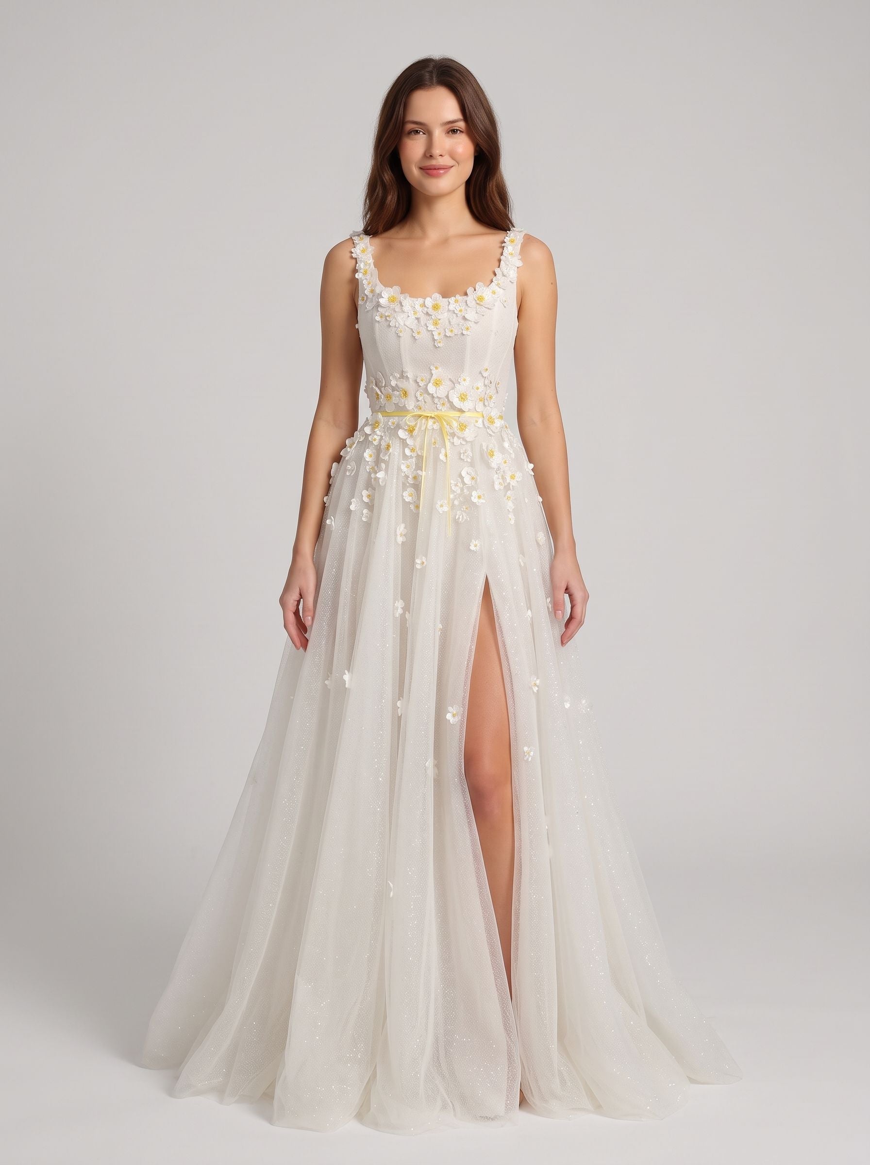 Ivory Glitter Tulle A-Line Scoop Neck Zipper Back Floor-Length Dress - Aabei Dress