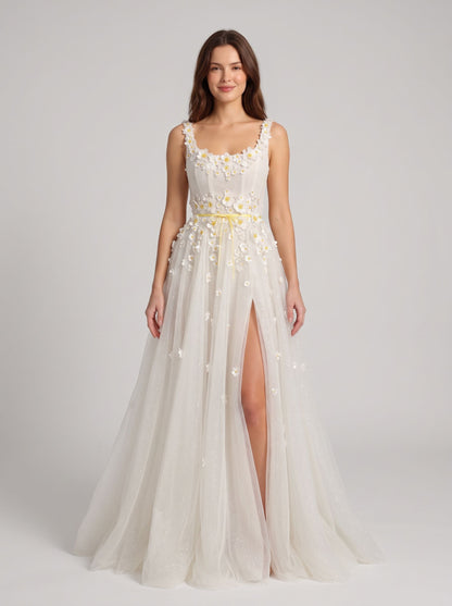 Ivory Glitter Tulle A-Line Scoop Neck Zipper Back Floor-Length Dress - Aabei Dress