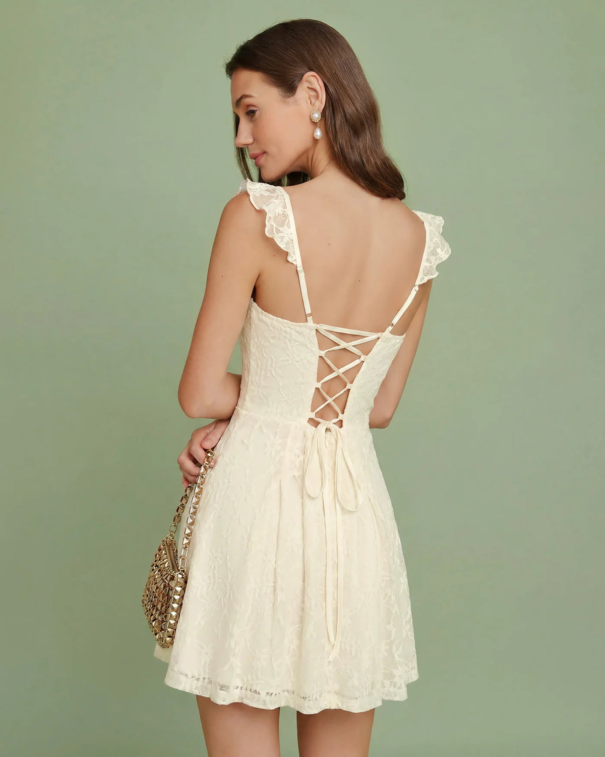 Ivory Lace A-Line Sweetheart Lace-up Back Mini Dress Back View - Aabei Dress