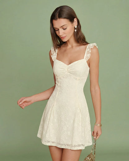 Ivory Lace A-Line Sweetheart Lace-up Back Mini Dress Front View - Aabei Dress