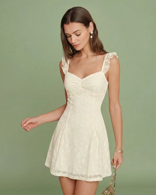 Ivory Lace A-Line Sweetheart Lace-up Back Mini Dress Front View - Aabei Dress