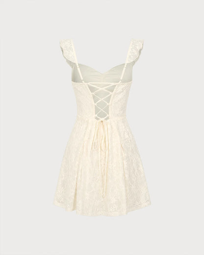 Ivory Lace A-Line Sweetheart Lace-up Back Mini Dress - Aabei Dress