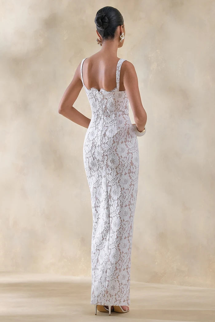 Ivory Lace Sheath Column Square Neck Zipper Back Floor Length Dress Back View - Aabei Dress