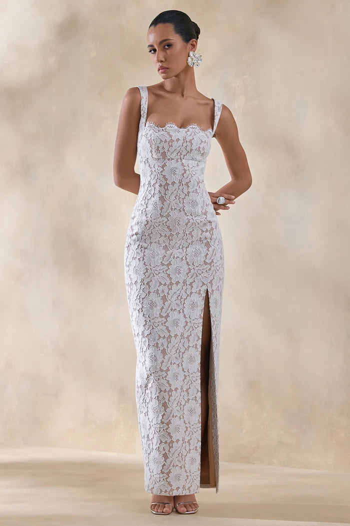 Ivory Lace Sheath Column Square Neck Zipper Back Floor Length Dress Front View - Aabei Dress