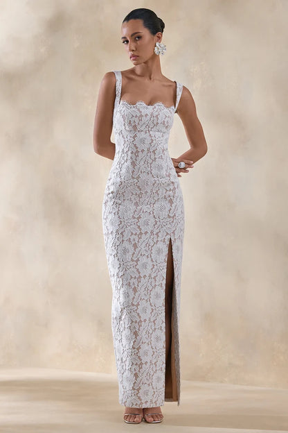 Ivory Lace Sheath Column Square Neck Zipper Back Floor Length Dress Front View - Aabei Dress