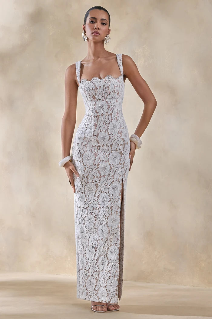 Ivory Lace Sheath Column Square Neck Zipper Back Floor Length Dress - Aabei Dress