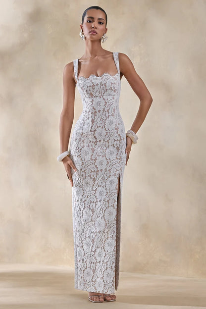 Ivory Lace Sheath Column Square Neck Zipper Back Floor Length Dress - Aabei Dress