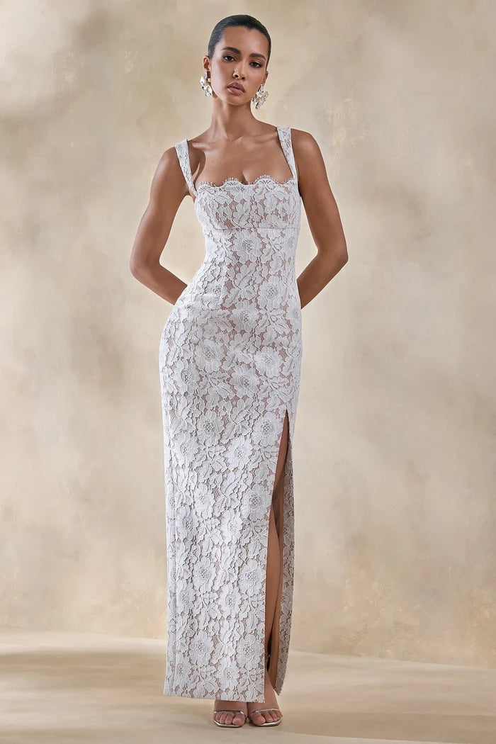 Ivory Lace Sheath Column Square Neck Zipper Back Floor Length Dress - Aabei Dress