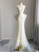 Ivory Lace & Tulle Mermaid Sweetheart V-Back Floor-Length Dress Front View - Aabei Dress