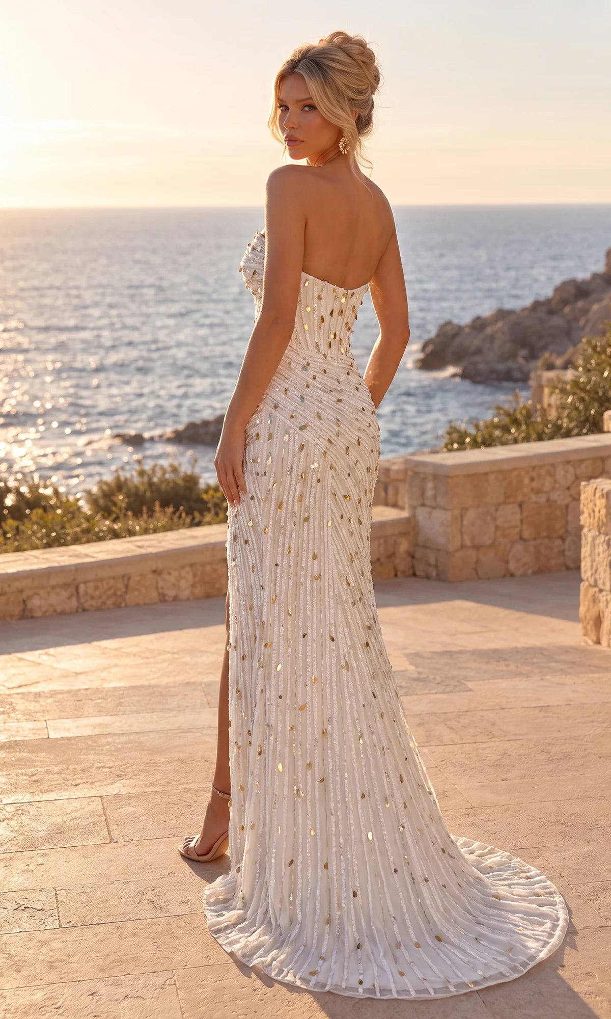 Ivory Mesh with Sequins Sheath Column Sweetheart Zipper Back Floor Length Dress - Aabei Dress