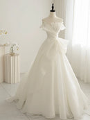 Ivory Organza A-Line Off-the-Shoulder Lace-Up Back Floor-Length Dress Front View - Aabei Dress