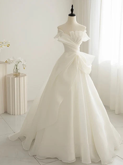 Ivory Organza A-Line Off-the-Shoulder Lace-Up Back Floor-Length Dress Front View - Aabei Dress