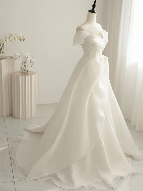 Ivory Organza A-Line Off-the-Shoulder Lace-Up Back Floor-Length Dress - Aabei Dress