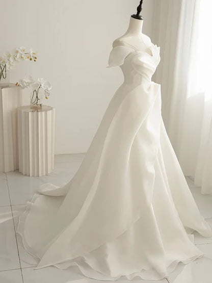Ivory Organza A-Line Off-the-Shoulder Lace-Up Back Floor-Length Dress - Aabei Dress