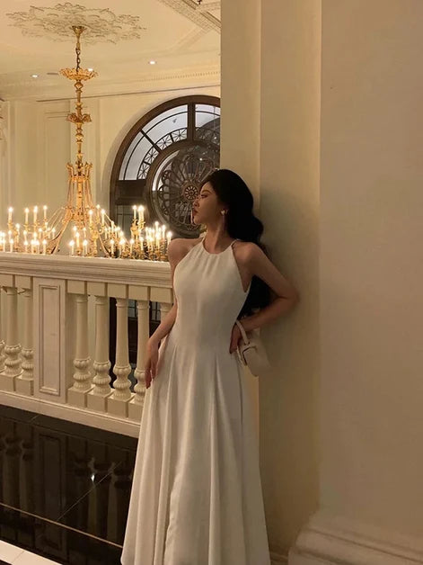 Ivory Satin A Line Halter Open Back Ankle Length Dress - Aabei Dress