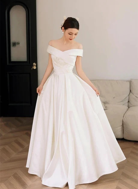 Ivory Satin A-Line Off-the-Shoulder V-Back Floor-Length Dress - Aabei Dress