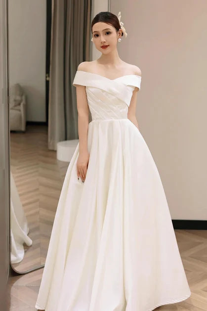 Ivory Satin A-Line Off-the-Shoulder V-Back Floor-Length Dress - Aabei Dress