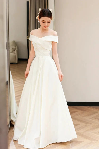Ivory Satin A-Line Off-the-Shoulder V-Back Floor-Length Dress - Aabei Dress