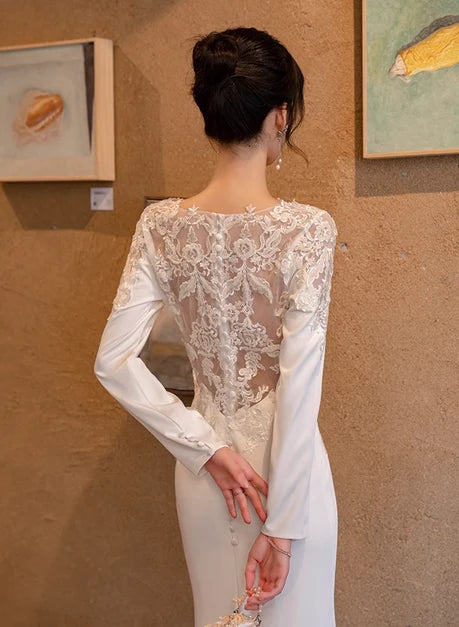 Ivory Satin and Lace Mermaid V-Neck Illusion Back Floor-Length Dress Back View - Aabei Dress
