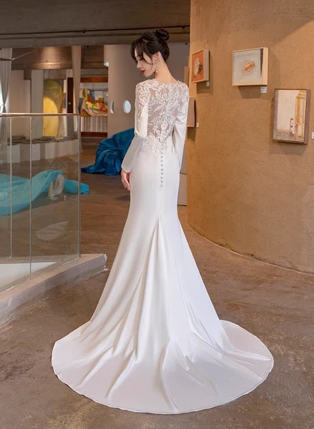 Ivory Satin and Lace Mermaid V-Neck Illusion Back Floor-Length Dress Back View - Aabei Dress