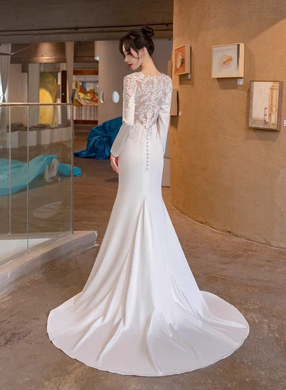 Ivory Satin and Lace Mermaid V-Neck Illusion Back Floor-Length Dress Back View - Aabei Dress