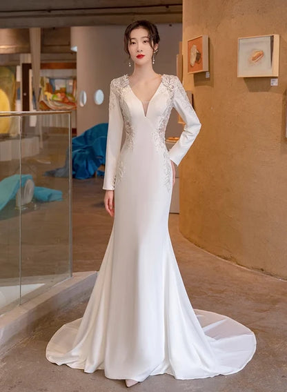 Ivory Satin and Lace Mermaid V-Neck Illusion Back Floor-Length Dress Front View - Aabei Dress