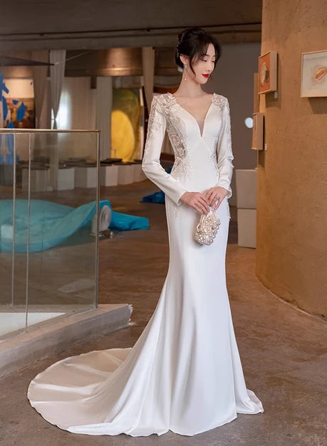 Ivory Satin and Lace Mermaid V-Neck Illusion Back Floor-Length Dress - Aabei Dress