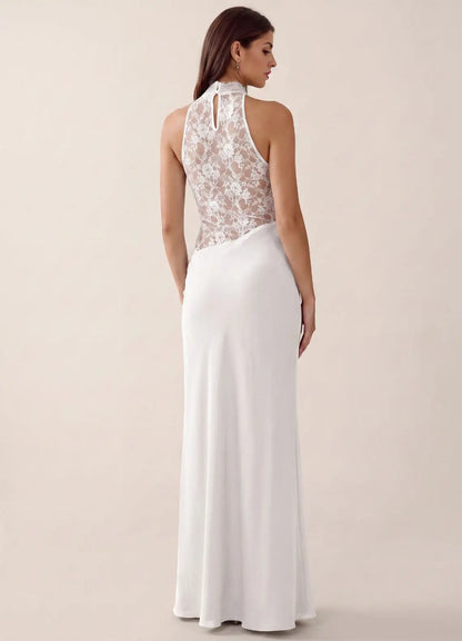 Ivory Satin and Lace Sheath Column Halter Illusion Back Floor-Length Dress Back View - Aabei Dress