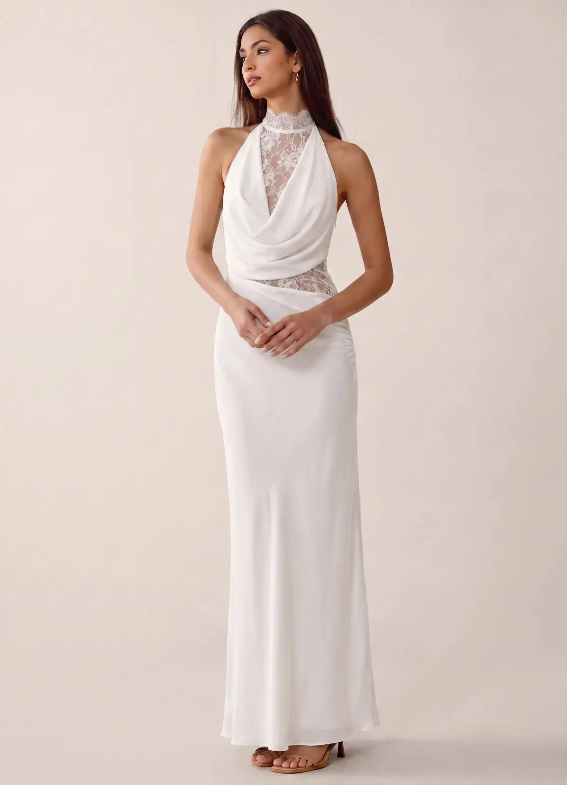 Ivory Satin and Lace Sheath Column Halter Illusion Back Floor-Length Dress Front View - Aabei Dress