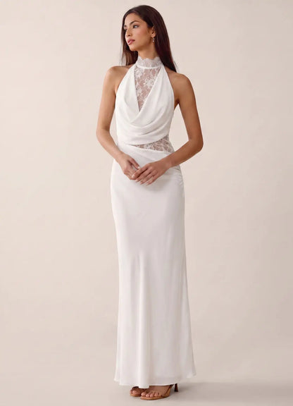Ivory Satin and Lace Sheath Column Halter Illusion Back Floor-Length Dress Front View - Aabei Dress