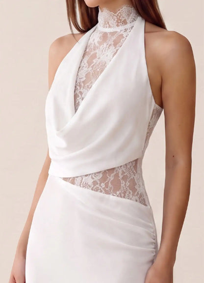 Ivory Satin and Lace Sheath Column Halter Illusion Back Floor-Length Dress - Aabei Dress