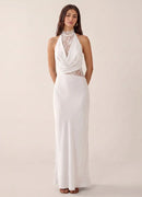 Ivory Satin and Lace Sheath Column Halter Illusion Back Floor-Length Dress - Aabei Dress