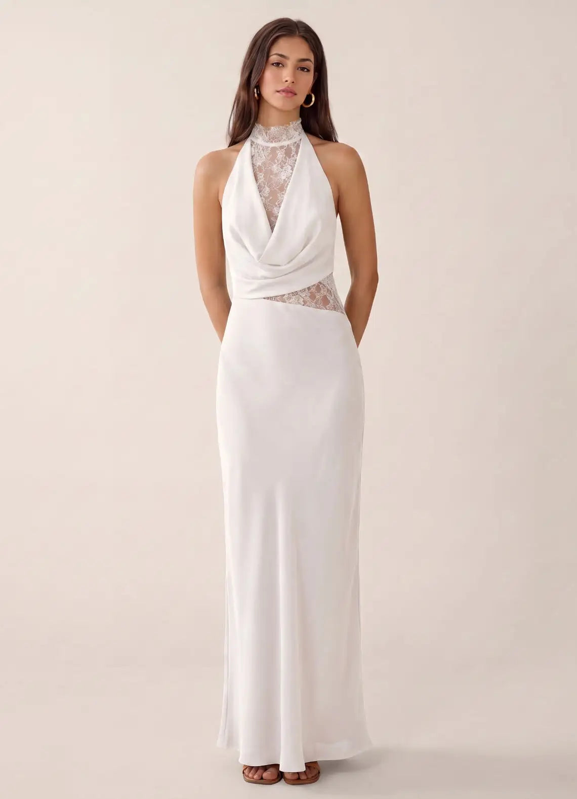 Ivory Satin and Lace Sheath Column Halter Illusion Back Floor-Length Dress - Aabei Dress