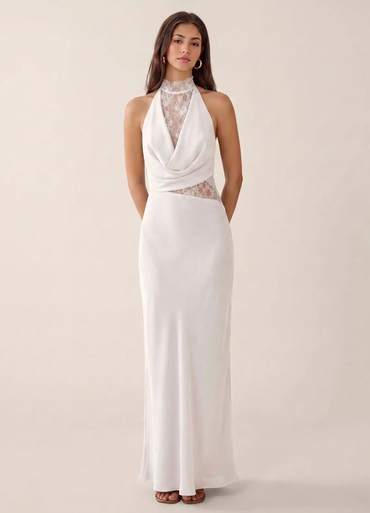 Ivory Satin and Lace Sheath Column Halter Illusion Back Floor-Length Dress - Aabei Dress