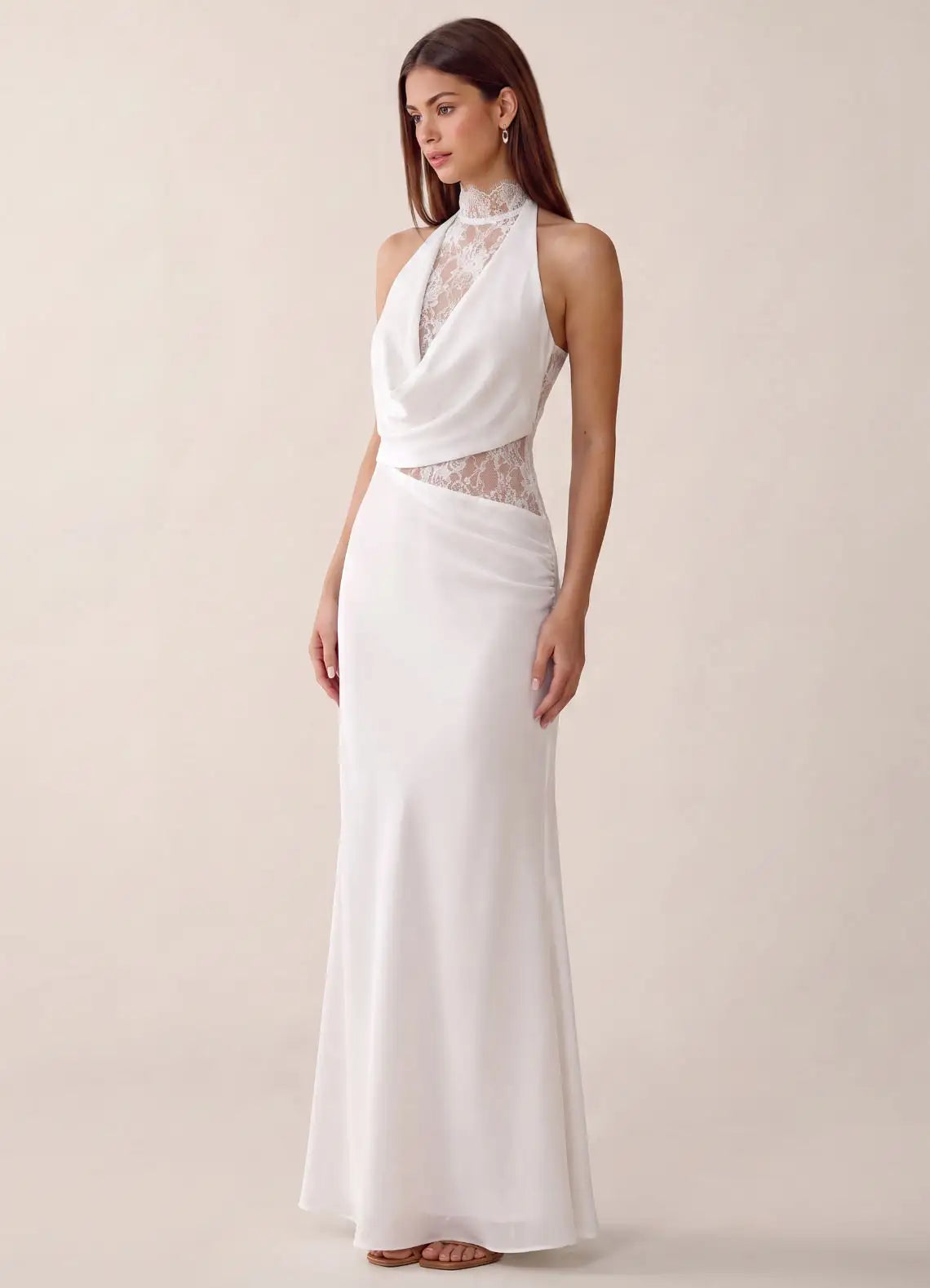 Ivory Satin and Lace Sheath Column Halter Illusion Back Floor-Length Dress - Aabei Dress