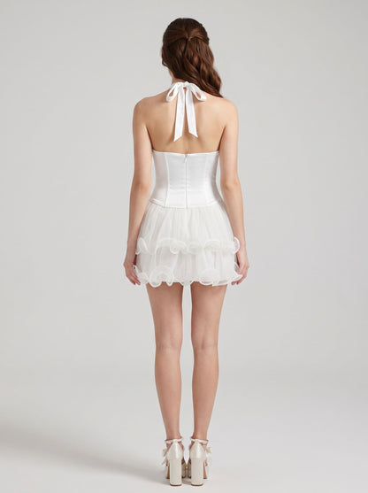 Ivory Satin and Tulle A-line Halter Tie Back Mini Dress Back View - Aabei Dress