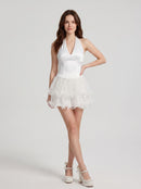 Ivory Satin and Tulle A-line Halter Tie Back Mini Dress Front View - Aabei Dress