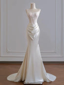 Ivory Satin Lace Mermaid Straight Across Low Back Floor Length Dress Front View - Aabei Dress