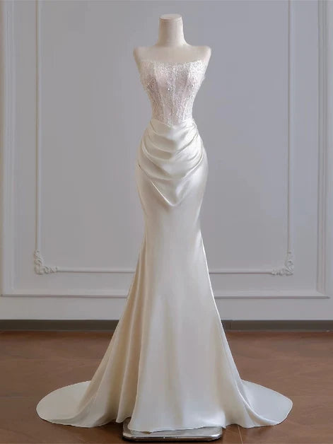 Ivory Satin Lace Mermaid Straight Across Low Back Floor Length Dress Front View - Aabei Dress