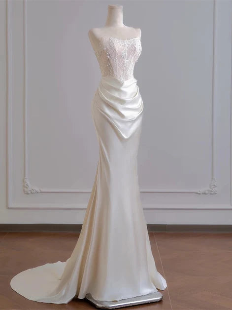 Ivory Satin Lace Mermaid Straight Across Low Back Floor Length Dress - Aabei Dress