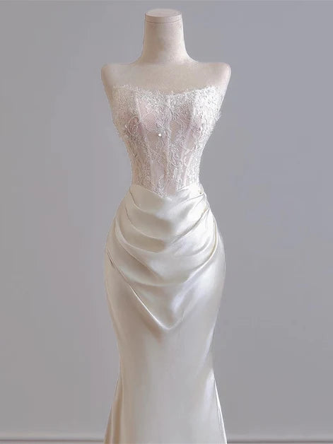Ivory Satin Lace Mermaid Straight Across Low Back Floor Length Dress - Aabei Dress