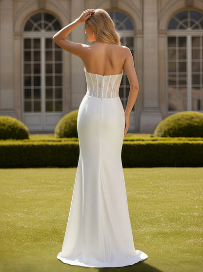 Ivory Satin Mermaid Sweetheart Illusion-Back Floor-Length Dress Back View - Aabei Dress