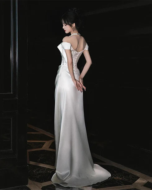 Ivory Satin Sheath/column Off-the-Shoulder Lace-up Floor-Length Dress Back View - Aabei Dress