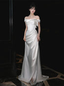 Ivory Satin Sheath/column Off-the-Shoulder Lace-up Floor-Length Dress Front View - Aabei Dress