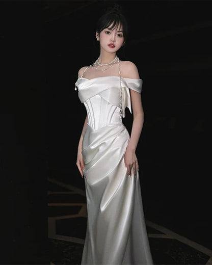 Ivory Satin Sheath/column Off-the-Shoulder Lace-up Floor-Length Dress - Aabei Dress