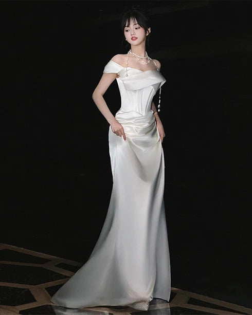Ivory Satin Sheath/column Off-the-Shoulder Lace-up Floor-Length Dress - Aabei Dress