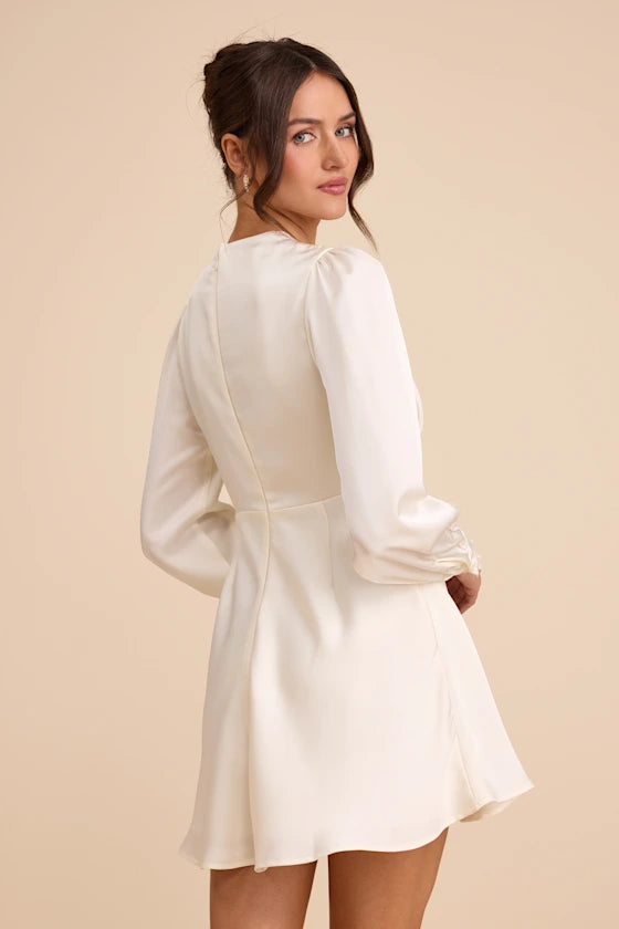 Ivory Satin with Lace Trim A-Line V-Neck Zipper Back Mini Dress Back View - Aabei Dress