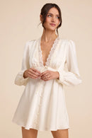 Ivory Satin with Lace Trim A-Line V-Neck Zipper Back Mini Dress Front View - Aabei Dress